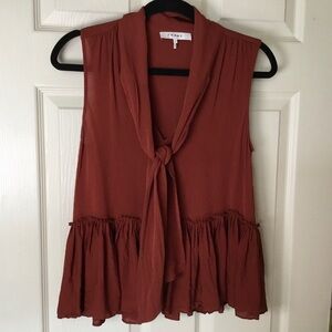 Frame Sleeveless Burnt Henna (Rust) Silk Pleated Neck Tie Top - Small